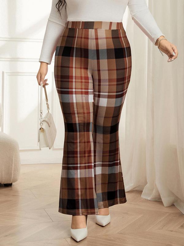 CURVZY Plus Size Plaid Print Flare Leg Pants, Casual Comfy Bell Bottom Trousers for Daily Wear, Women's Bottoms for Spring & Fall