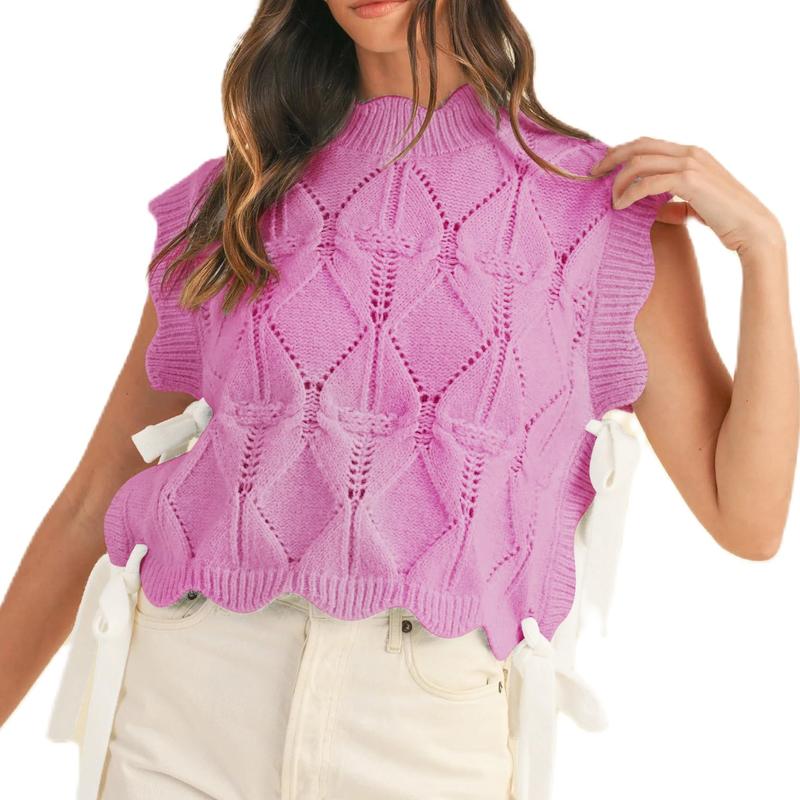 Women Y2k Bow Knot Cap Sleeve Knit Sweater Top Lace up Ribbon Crochet Sweater Vest Preppy Girl Mock Neck Knitted Tank Tops