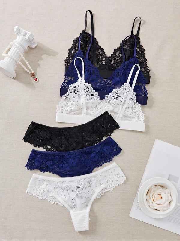 Women's Sheer Floral Lace Sexy Lingerie Set, Adjustable Strap Wireless Bra & Thong Set, Lingerie Set for Women