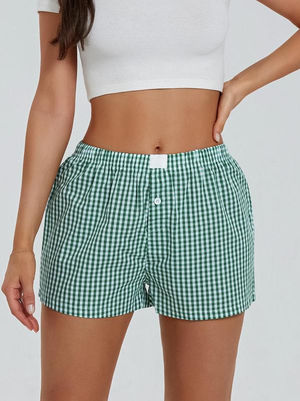 Women's Plaid Print Button Patched Straight Leg Shorts, Casual Comfy Elastic Waist Shorts for Summer, Fashion Women's Bottoms for Daily Wear, Gym Shorts Womenswear