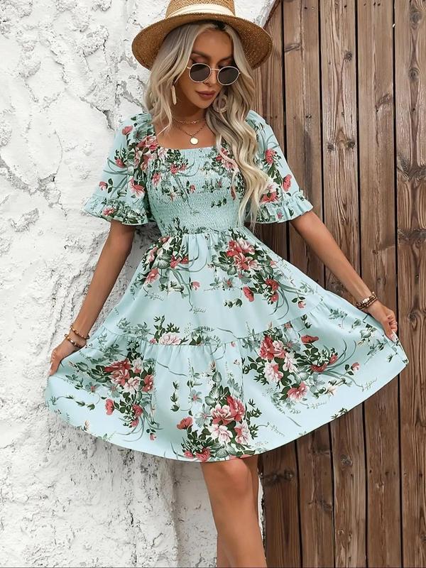 Women's Floral Print Ruffle Hem Shirred Vintage A Line Dress, Boho Romantic Flounce Sleeve Square Neck Short Dress for Beach Vacation Holiday, Frenchy Style Ladies Summer Clothes