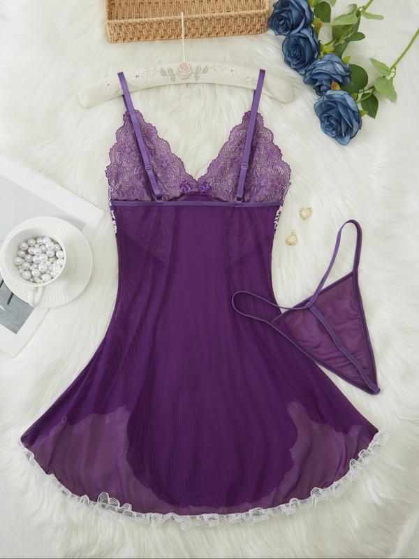 Women's Contrast Lace Cami Nightdress & Thong Sexy Lingerie Set, Sexy Comfy Mesh Nightgown & Panty Set, Women's Lingerie & Underwear for All Seasons