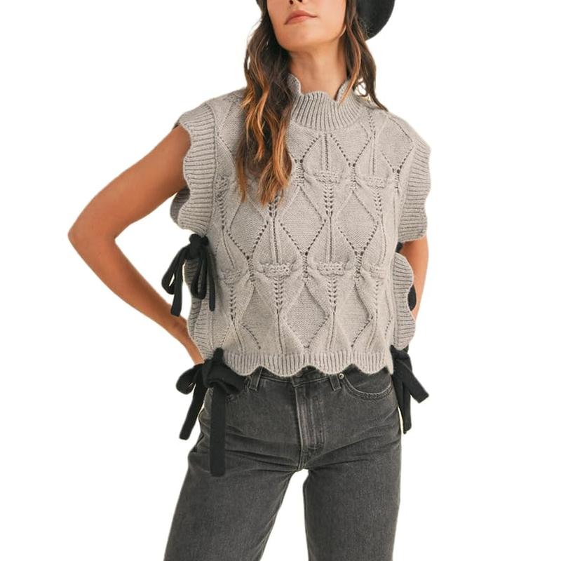 Women Y2k Bow Knot Cap Sleeve Knit Sweater Top Lace up Ribbon Crochet Sweater Vest Preppy Girl Mock Neck Knitted Tank Tops