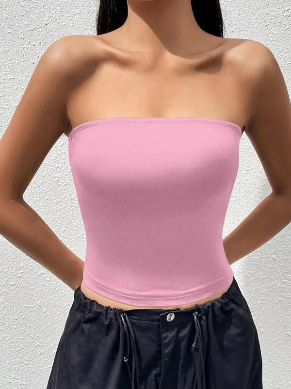 Women's Solid Backless Crop Tube Top, Casual Basic Strapless Sleeveless Top for Summer, Lady's Clothes for Daily Wear, Womenswear