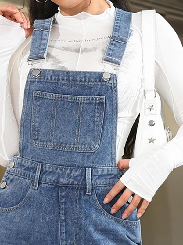 Women's Plain Pocket Design Overalls, Casual Fashion Denim Overalls for Daily Wear, Ladies Bottoms for Fall & Winter