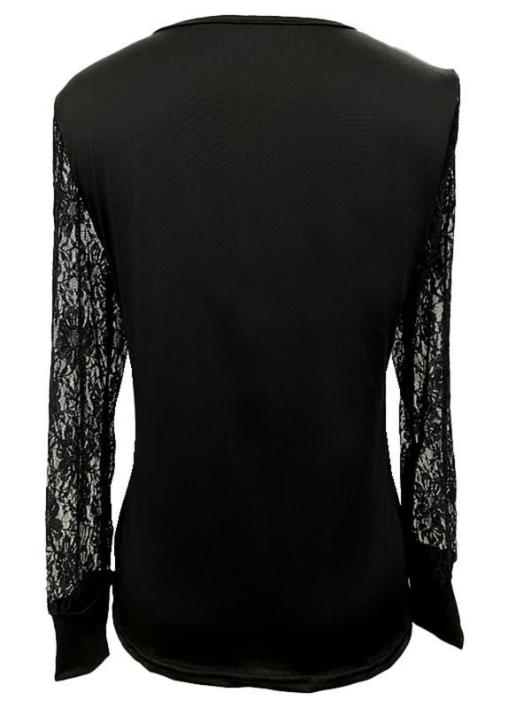 Women's Solid Contrast Lace V Neck Blouse, Fashion Casual Long Sleeve Top for Daily Wear, Fall Women T-shirt 2024, Women Clothing for Spring Fall, Vintage 90s Tops