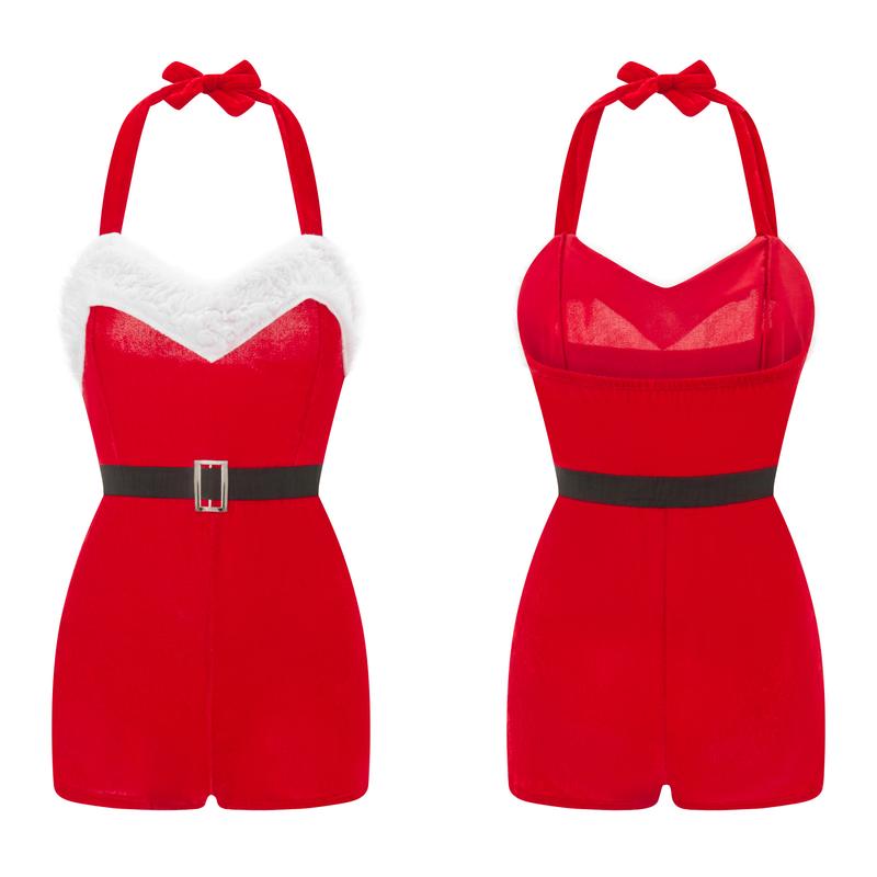 Christmas Women's Mrs. Claus Costume, Sleeveless Faux Fur Trim Halter Romper Short Jumpsuit Bodysuits