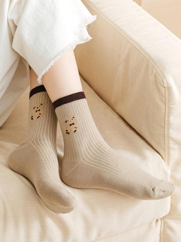 Women's 6 Pairs Cartoon Bear Print Contrast Binding Crew Socks, Cute Cozy Breathable Mid-calf Socks for Daily Wear, Women Socks for All Seasons