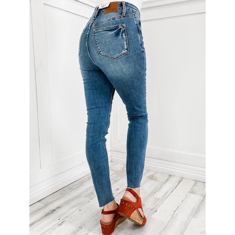 Judy Blue SIMONE Hi-Rise Tummy Control Vintage Wash Distressed Hem Skinny Jeans