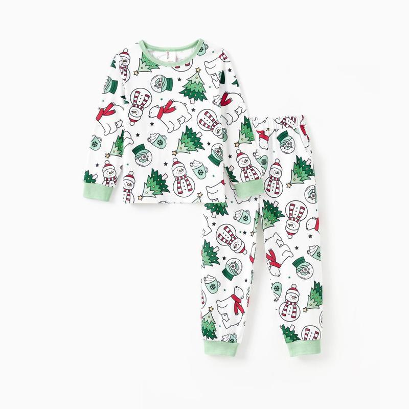 PatPat Christmas Pajamas Soft & Stretchy Family Matching Long Sleeves Christmas Pajamas Family Costume Very Merry Green Tops Allover Pattern Pants Pajamas Sets ( Flame Resistant )