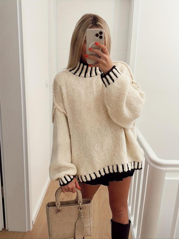 Women's Contrast Binding Drop Shoulder Sweater, Casual Long Sleeve Mock Neck Jumper for Fall & Winter, Women's Knitwear for Daily Wear