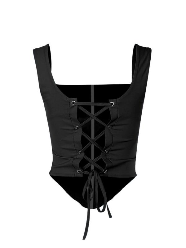 Women's Plain Asymmetrical Hem Backless Lace Up Grommet Eyelet Tank Top, Street Fashion Casual Square Neck Sleeveless Crop Tops for Summer, Corset Top, Ladies Clothes for Daily Wear Black Girl Outfits Office Siren Outfit