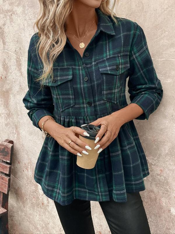  Plaid Print Button Front Pocket Shirt, Casual Long Sleeve Collared Top for Fall & Winter, Women's Clothes for Daily Wear