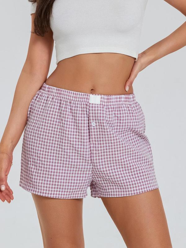 Women's Plaid Print Button Patched Straight Leg Shorts, Casual Comfy Elastic Waist Shorts for Summer, Fashion Women's Bottoms for Daily Wear, Gym Shorts Womenswear