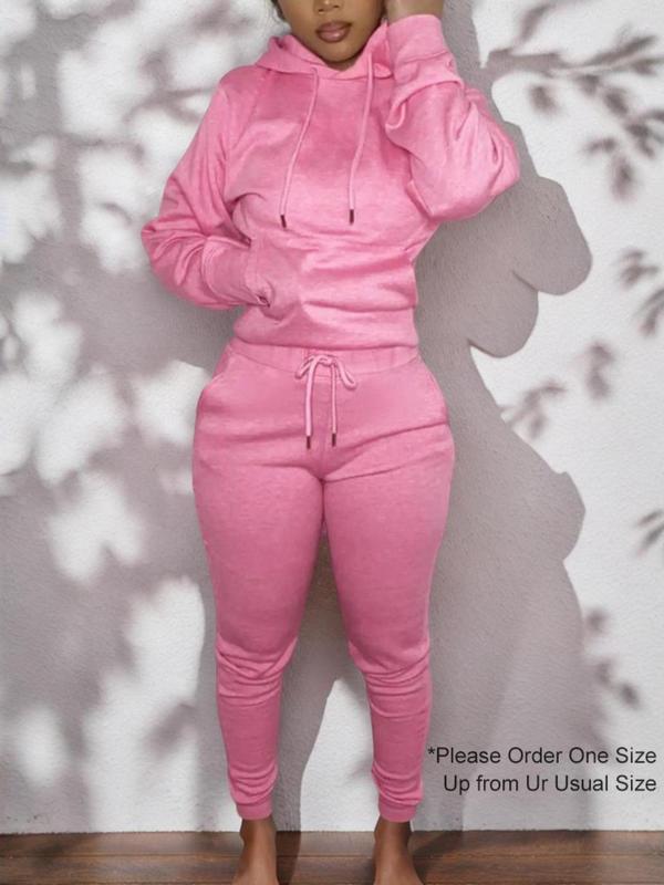 Women's Minimalist Solid Color Sweatsuit Set, Workout Set, Pocket Hooded Pullover Top & Drawstring Sweatpants, Fall Clothes, Mean Girls Outfit, Cozy Womenswear, Sweatshirt & Jogger Pants Clothes Set for Lady Back to School(Please Purchase A Size Up)