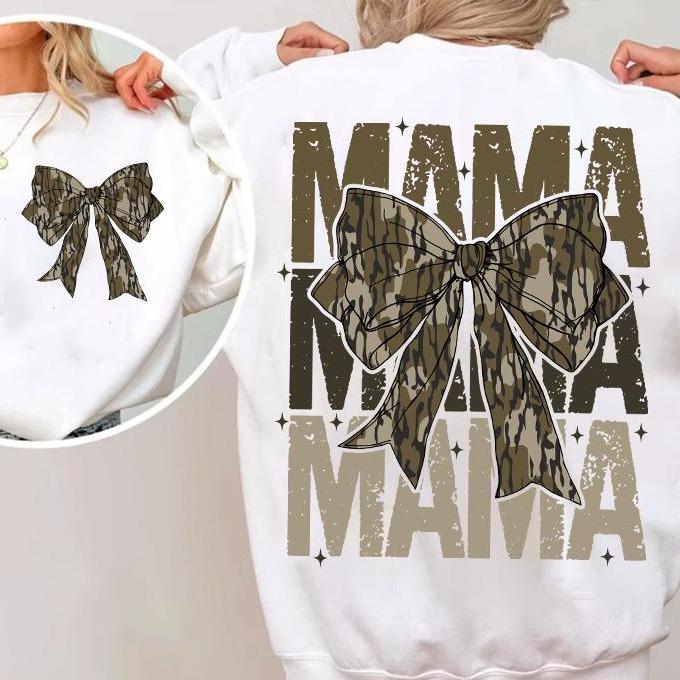 Mama Camo Coquette Bow Oversized Print 2 Sides Sweatshirt, Old School Camo Shirt, Girls Camo Bow Tee, Retro Hunting, Coquette Bow, Camo Dude