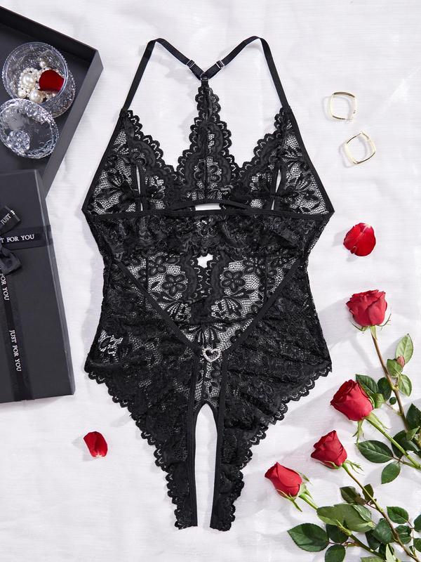 Women's Heart Decor Contrast Lace Sexy Lingerie Bodysuit, Sexy Hollow Out Flower Decor Crotchless Cami Lingerie Bodysuit, Women's Lingerie for All Seasons