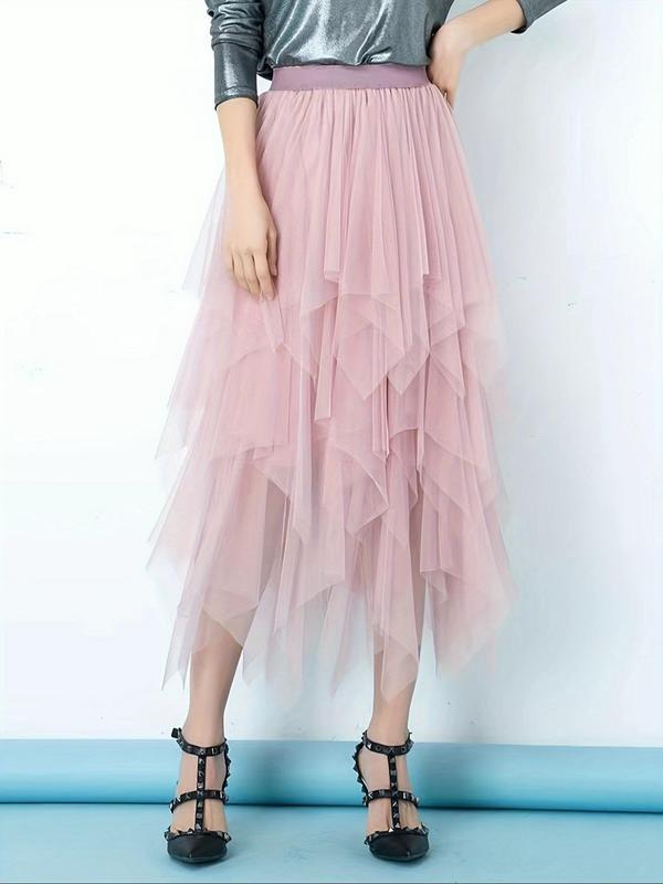 Women's Asymmetrical Hem Tiered Layer Tulle Skirt, Elegant High Waist Midi Skirt For Party Holiday Vacation, Ladies Summer Clothes