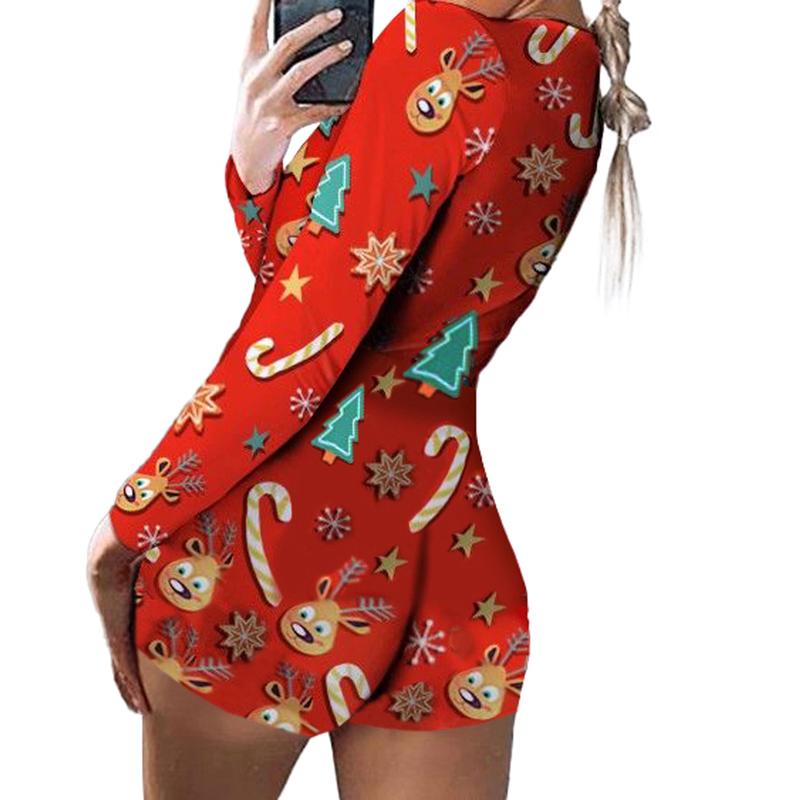 Women Christmas V-Neck Shorts Jumpsuit  Bodysuit Pajama Long Sleeve Bodycon Rompers Overall Xmas Playsuits Party Clubwear Women's Christmas