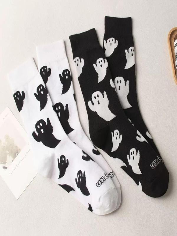 Women's Halloween Themed Streetwear Ghost Print Crew Socks, Fashion Casual Cozy Mid-Calf Long Socks, Women Socks for Fall , 2023 Trendy Matching Seamless Socks, Fall Wear