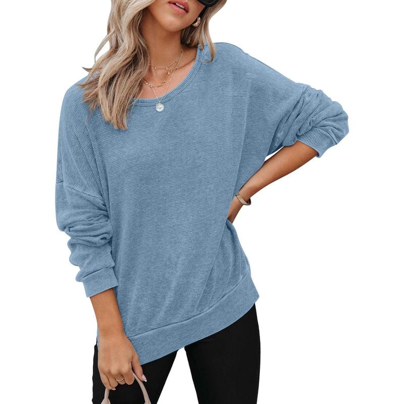 Dokotoo Womens Oversized Waffle Knit Crewneck Sweatshirts Long Sleeve Side Slits Casual Pullover Sweatshirt Tops