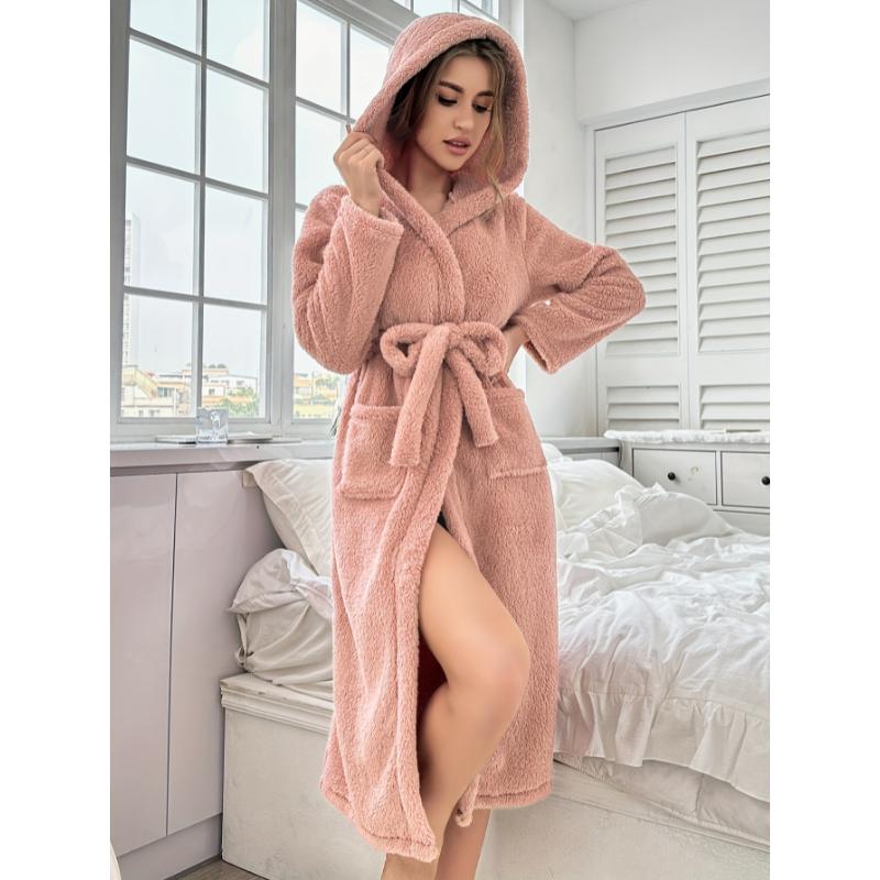 Cozy Fuzzy Hooded Bathrobe - Soft, Warm, and Plush Long Sleeve Lounge Robe with Deep Pockets and Adjustable Belt for Ultimate Comfort, Women's Sleepwear for Relaxation and Leisure