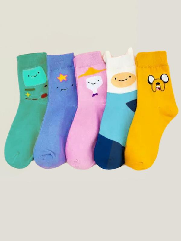 Women's Cartoon Adventure Time Print Mid-calf Socks, 10 Pairs Cute Comfortable Breathable Socks for Daily Wear, Women's Socks for All Seasons