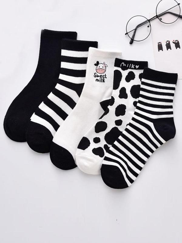 Women's 5 Pairs Cartoon & Striped Print Crew Socks, Cute Casual Moisture Wicking Socks, Soft Comfy Breathable Socks For All Seasons Daily Wear