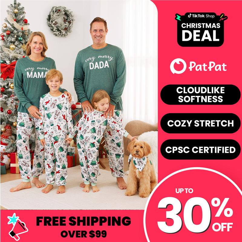 PatPat Christmas Pajamas Soft & Stretchy Family Matching Long Sleeves Christmas Pajamas Family Costume Very Merry Green Tops Allover Pattern Pants Pajamas Sets ( Flame Resistant )