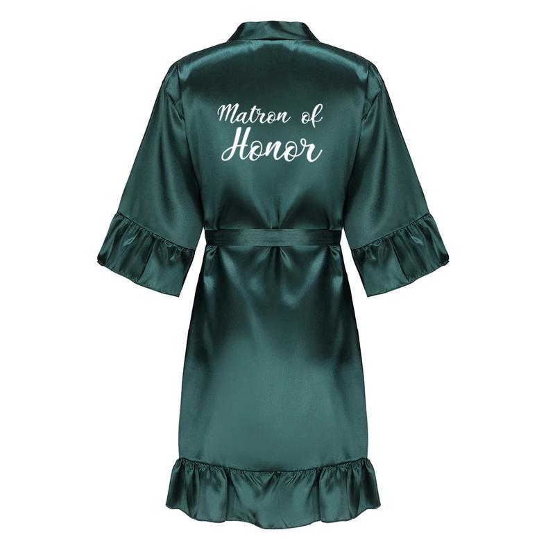 Green Bridesmaid Robes With Ruffle White Letters Satin