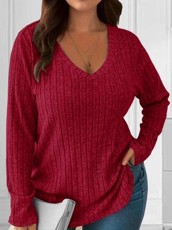  Solid Color V Neck Ribbed Sweater, Casual Long Sleeve T-shirt for Fall & Winter, Women's Clothing for Daily Wear