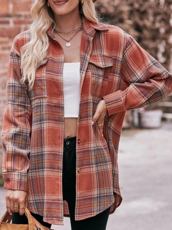 Women's Plus Size Plaid Print Flap Pocket Button Front Blouse, Casual Comfort Drop Shoulder Long Sleeve Shirt, Gift Set, Plus Clothing for Spring & Fall Daily Womenswear, Please Purchase A Size Up