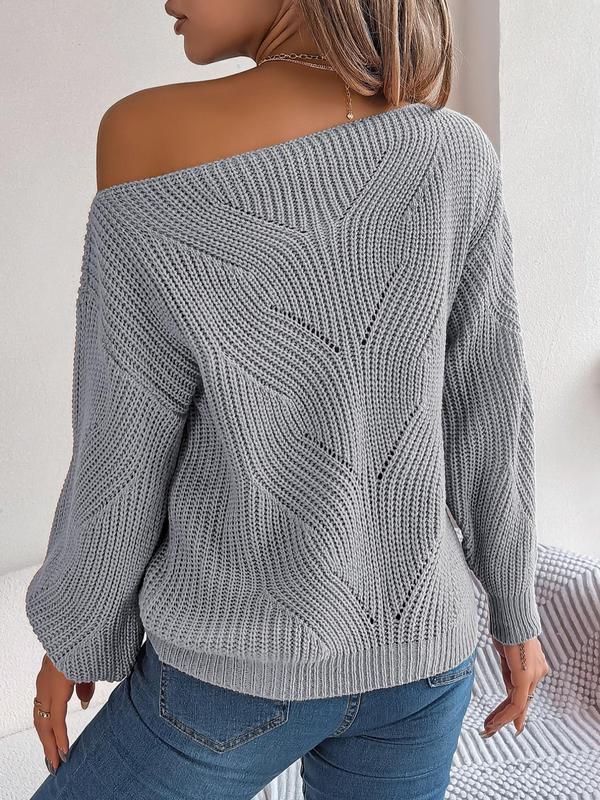 Women's Simple Style Hollow Out Bishop Sleeve Longsleeves Sweater, Lady Minimalist Comfort Soft Asymmetrical Neck Long Sleeve Pullover, Womenswear, Casual Elegance Knitwear for Fall & Winter, Fall Clothes