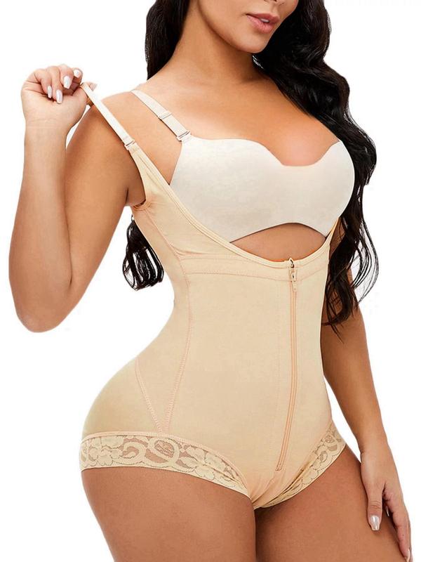 Women's Solid Zipper Hook & Eye Closure Crotch Shapewear Bodysuit, High Waist Open Bust Tummy Control Shaper, Ladies Shapewear for Daily Wear Sexy