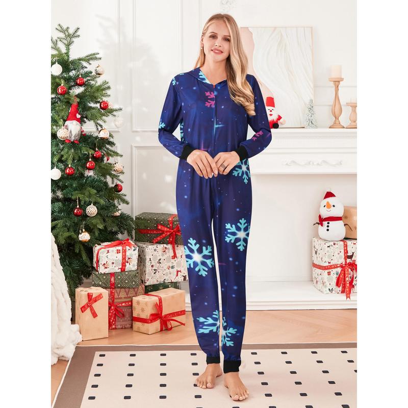 Matching Christmas Pajamas For Family, Long Sleeve Elk Christmas Tree Plaid Snowflake Print Hooded Jumpsuit Sleepwear