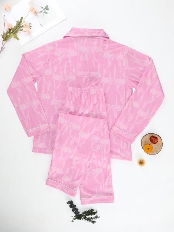 Two-Piece Set Women's All Over Bow Print Button Front Shirt & Elastic Waist Pants Pajama, Casual Comfy Long Sleeve Collared Top & Trousers PJ Set, Ladies Sleepwear for Spring & Fall