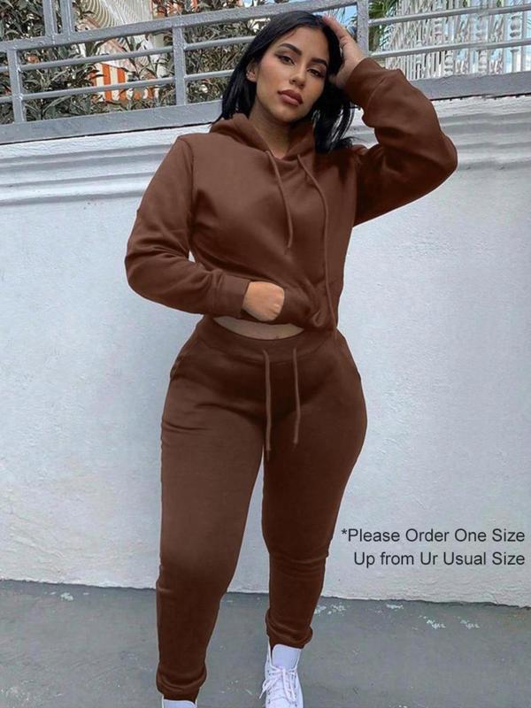 Women's Minimalist Solid Color Sweatsuit Set, Workout Set, Pocket Hooded Pullover Top & Drawstring Sweatpants, Fall Clothes, Mean Girls Outfit, Cozy Womenswear, Sweatshirt & Jogger Pants Clothes Set for Lady Back to School(Please Purchase A Size Up)