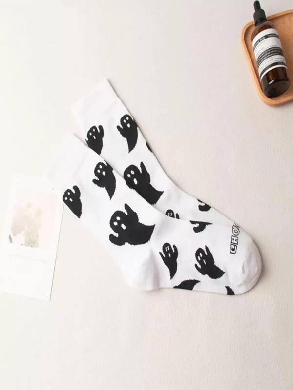 Women's Halloween Themed Streetwear Ghost Print Crew Socks, Fashion Casual Cozy Mid-Calf Long Socks, Women Socks for Fall , 2023 Trendy Matching Seamless Socks, Fall Wear