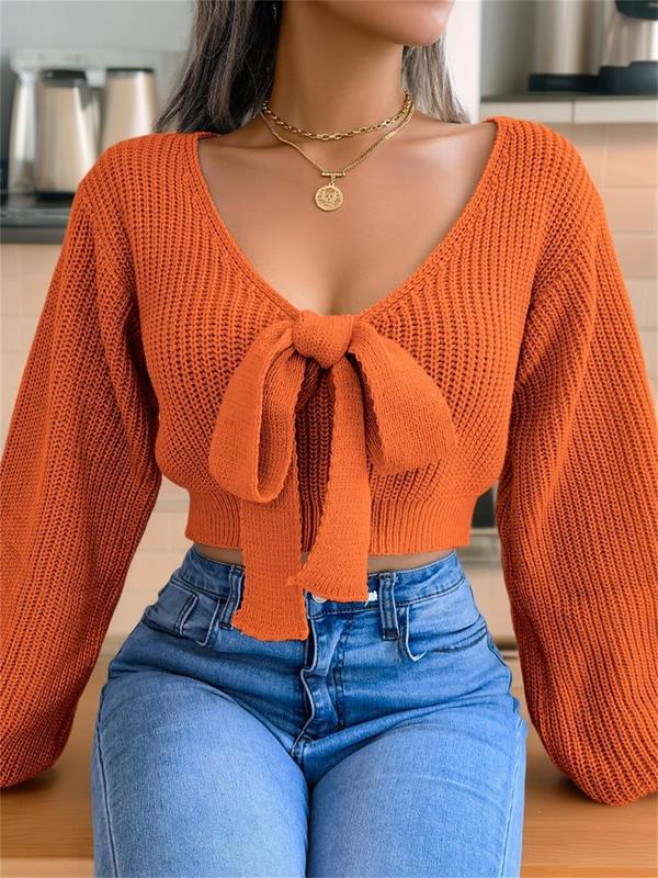 Women's Plain Bow Decor Tie Front Crop Sweater, Casual Bishop Sleeve V Neck Jumper for Fall & Winter, Women's Knitwear for Daily Wear