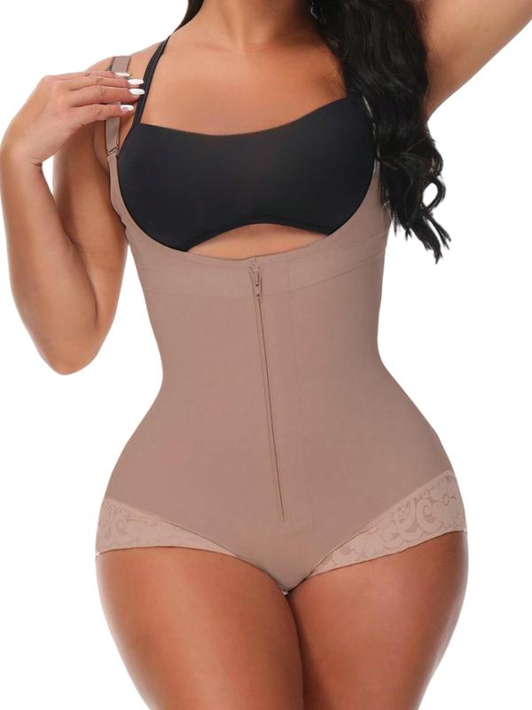 Women's Solid Zipper Hook & Eye Closure Crotch Shapewear Bodysuit, High Waist Open Bust Tummy Control Shaper, Ladies Shapewear for Daily Wear Sexy