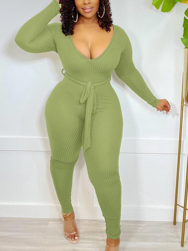 Women's Solid Belted Long Sleeve Jumpsuit, Elegant Deep V Neck Skinny Jumpsuit For Daily Wear, Jumpsuit for Women, Ladies' Clothes For All Seasons