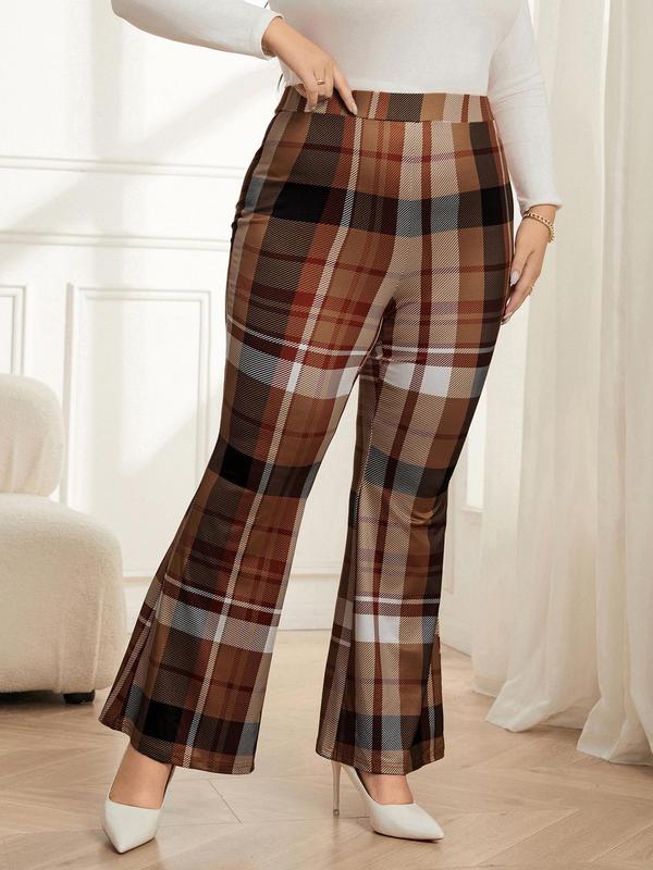 CURVZY Plus Size Plaid Print Flare Leg Pants, Casual Comfy Bell Bottom Trousers for Daily Wear, Women's Bottoms for Spring & Fall