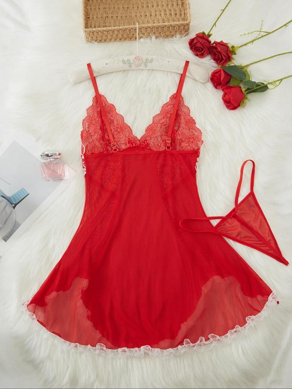 Women's Contrast Lace Cami Nightdress & Thong Sexy Lingerie Set, Sexy Comfy Mesh Nightgown & Panty Set, Women's Lingerie & Underwear for All Seasons