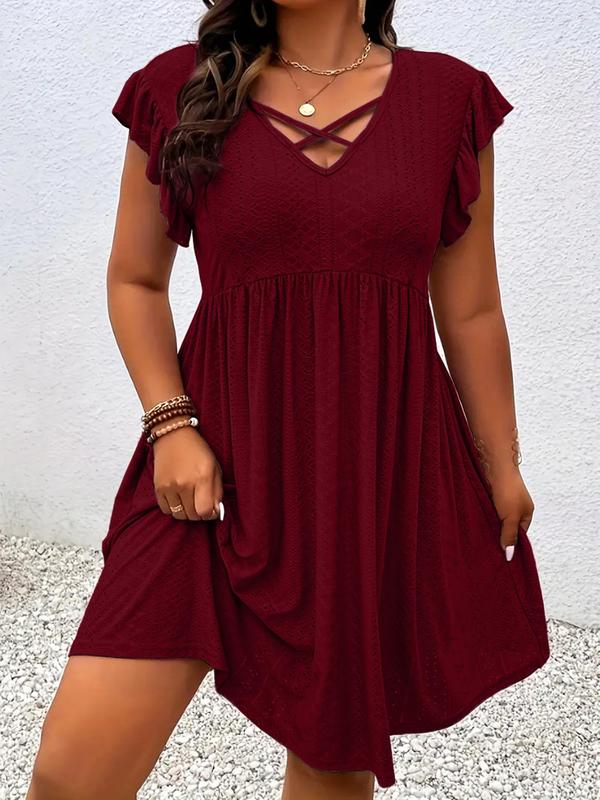  Criss Cross Eyelet Embroidery Butterfly Sleeve Dresses for Women, Fall Outfits, Elegant V Neck Cap Sleeve A Line Dress for Fall, Birthday Dresses 2024, Dresses for Women, Women's Clothes for Daily Wear