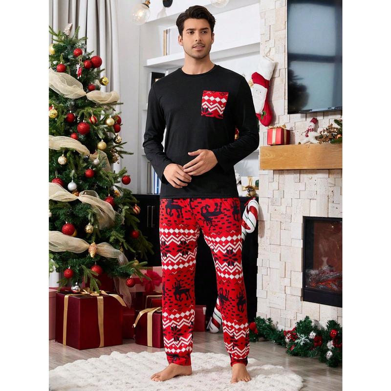 Shein CoupledUp Contrast Color Pocket Christmas Print Men Pajama Set Couple happy christmas matching christmas pajamas Wife family christmas pajamas Christmas Wife Fabric Long Sleeve Fabric Long Sleeve