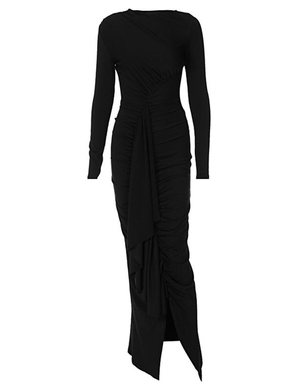 Women's Plain Ruched Asymmetrical Neck Bodycon Dress, Elegant Long Sleeve Split Hem Maxi Dress for Party Club Dating Wear, Women's Clothing for Fall & Winter