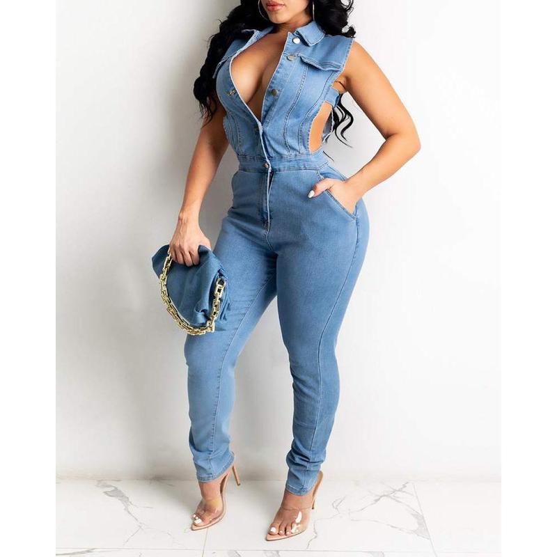 Pocket Button Design Cutout Denim Jumpsuit AH5987