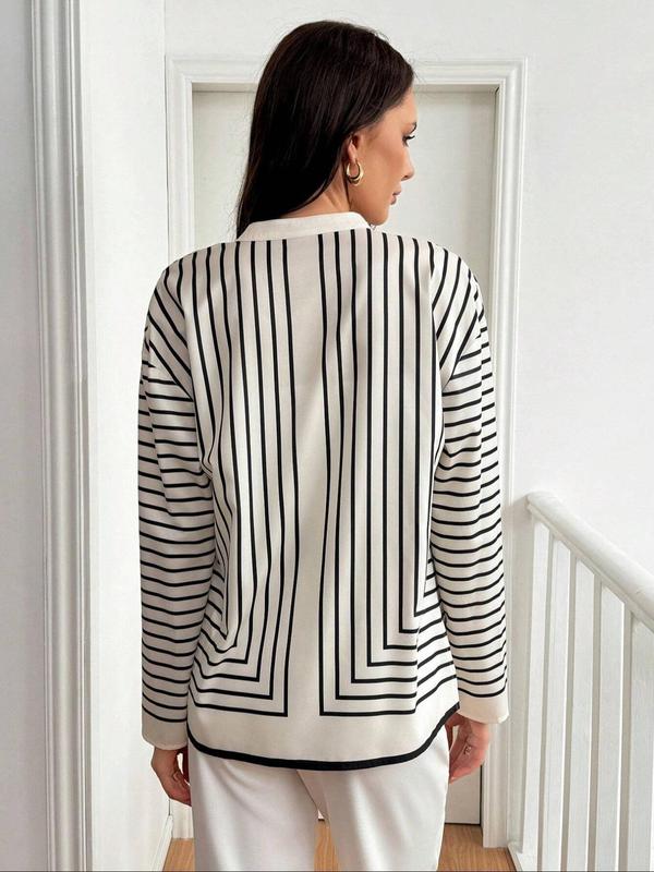 Women's Striped Print Button Front Blouse, Casual Drop Shoulder Long Sleeve Top for Spring & Fall, Women's Clothing for Daily Wear