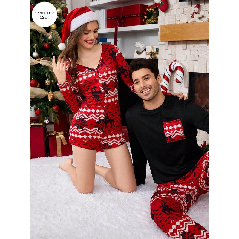 Shein CoupledUp Contrast Color Pocket Christmas Print Men Pajama Set Couple happy christmas matching christmas pajamas Wife family christmas pajamas Christmas Wife Fabric Long Sleeve Fabric Long Sleeve