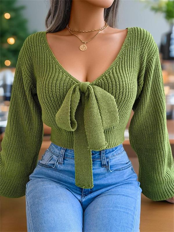 Women's Plain Bow Decor Tie Front Crop Sweater, Casual Bishop Sleeve V Neck Jumper for Fall & Winter, Women's Knitwear for Daily Wear